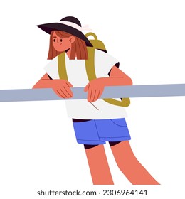 Young girl tourist, explorer travels on summer holiday. Female backpacker, teen traveler looking down, leaning on rail during walk, excursion. Flat vector illustration isolated on white background