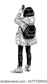 Young girl tourist in jacket with backpack photographing on smartphone, back view, sketch, realistic hand drawn vector illustration