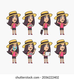 Young girl tourist traveler adventure poses. Different poses and emotions