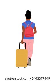 Young girl tourist walking with Suitcase, Backpack