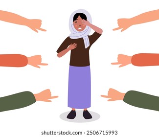 Young girl in traditional attire experiences bullying while being surrounded by pointing hands