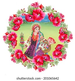 Young girl in traditional costume. illustration in floral frame vector