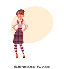 Young girl in traditional Scottish clothes, tartan beret and kilt, cartoon vector illustration with place for text. 