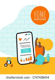 Young girl training fitness home. Workout exercises online. Modern flat style character. Poster background concept with sport hobby for healthy life. Vector Illustration