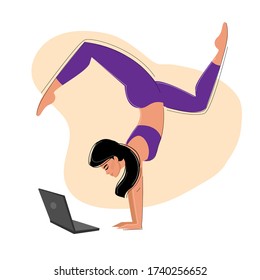 A young girl is training workout at home. Yoga pose asana. Fitness online