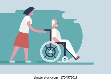 Young girl transporting an old man in wheel chair
