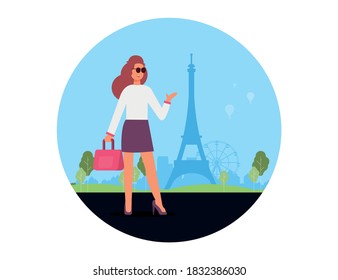 Young girl travel with baggage flat vector illustration