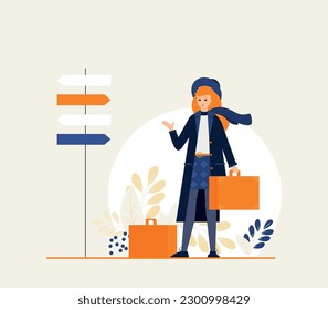 Young girl travel with baggage flat vector illustration