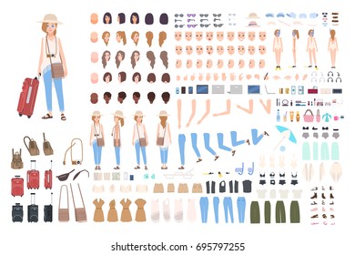 Young girl traveler character constructor.  Different woman in vacation creation set. Postures, hairstyle, face, legs, hands, clothes, accessories collection. Vector cartoon illustration.