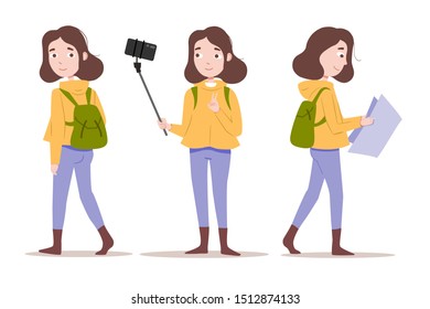 young girl travels, walks, takes a selfie and looks for sights and interesting places on the map