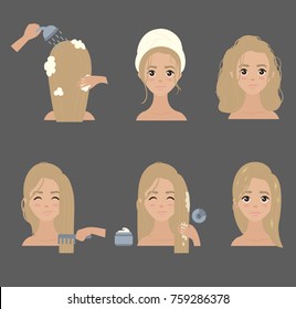 Young girl treat and style her hair at home. Hair washing and styling tutorial. Steps of how to care your thatch. Vector illustration