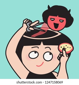 A Young Girl Tries to Lure Demon In Own Head By Feeding Cookies Or Treats. Woman Using Scissors Cut Off The Hungry Devil In Own Brain. Concept Of Weight Watcher Or Weight Loser Card Character illustra