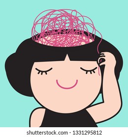 A Young Girl Trying To Untangle Her Messy Brain Inside Her Open Head Skull Concept Card Character illustration
