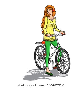 Young girl in tunic and breeches standing near the bicycle.