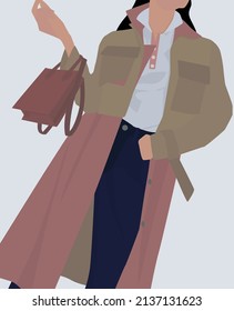 Una joven con un abrigo de trinchera de dos tonos. Imagen vectorial plana de una chica con jeans y una camiseta, con un bolso. Diseño para postales, avatares, carteles, fondos, plantillas, textiles.