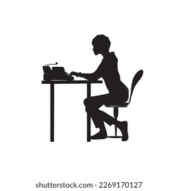 A young girl is typing on a typewriter. Vector illustration