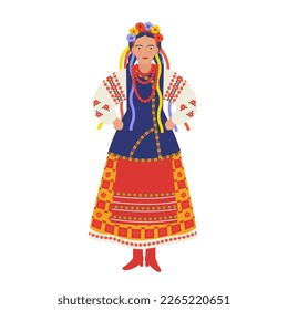 young girl in a Ukrainian national costume isolated on a white background. a flat drawing in the power of a cartoon. stock vector illustration. EPS 10.