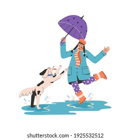 Young girl with umbrella playing with puppy and splashing in puddle. Female owner walking with dog isolated on white background. Vector character illustration of pet care, training for domestic animal