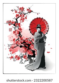 A young girl with an umbrella under a sakura branch. Text - "Perception of Beauty". Vector illustration in Sumi-e oriental style.