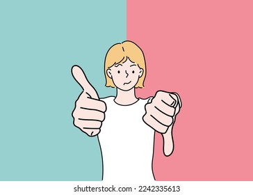 Young girl unhappy show fingers thumb-up thumb-down advert bad quality choice. Hand drawn in thin line style, vector illustration.