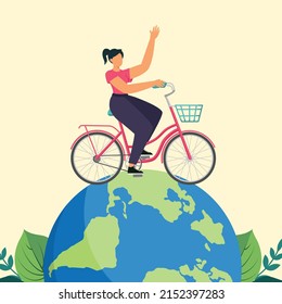 Young girl use bicycle for around world. World  bicycle day. Colored flat graphic vector illustration isolated.
