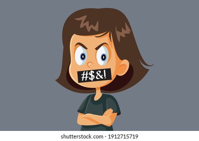 Young Girl Using Bad Language Vector Illustration. Child cursing using obscene words showing bad manners and rudeness
