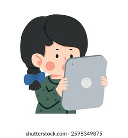 Young girl using a digital tablet cartoon