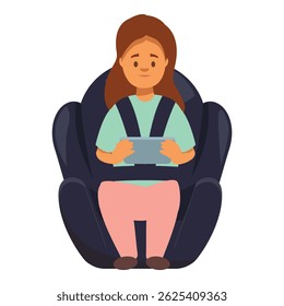 Young girl is using a digital tablet while secured in a car seat