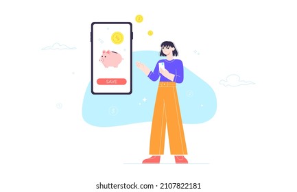 Junge Mädchen, die auf ihrem Smartphone finanzielle Anwendungen verwenden, um Geld zu sparen. Moderne Technologien für Sparen und Investitionen. Die Jugend wird finanziell unabhängig. Flache Karikaturenzeichnung einzeln.
