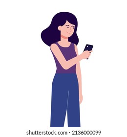 Young girl using her smartphone to send messages to her friends, illustration