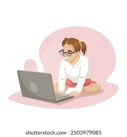 Young girl using laptop while sitting on the floor. Vector illustration