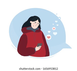 Young girl using phone, isolated with smartphone in a speech bubble. Cartoon vector art illustration isolated on white background.