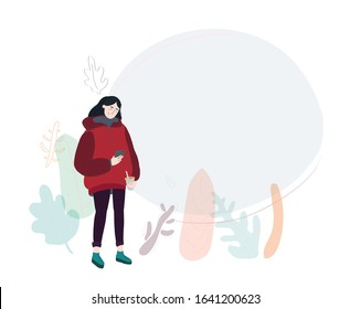 Young girl using phone, standing alone with smartphone. Cartoon vector art illustration isolated on white background.