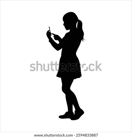 Young Girl using smart phone. silhouette design element.