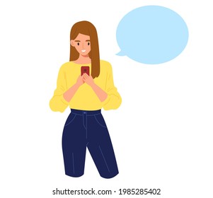 Niña joven usando un smartphone para charlar con un globo de voz azul en blanco. Concepto de chat en línea, internet, medios sociales, comunicación. Burbuja de mensajes vacía. Caricatura de ilustración de vector plano.