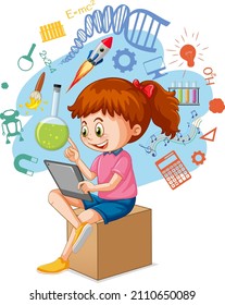 Young girl using tablet with education icons illustration
