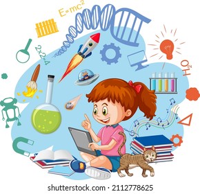 Young girl using tablet with education icons illustration