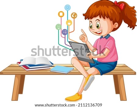 Young girl using tablet with education icons illustration