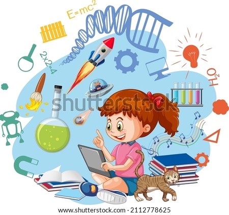 Young girl using tablet with education icons illustration