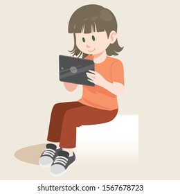 Young girl using tablet or reading ebook. Child and modern technology colorful cartoon character,Book lover, reader, working isolated on background. Flat cartoon vector illustration.