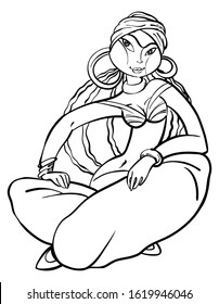 Young girl from Uzbekistan sits on the floor. Middle Asia. Traditional ethnic Uzbek costume with harem pants and turban. Linear outline drawing, black and white colors, isolated. Vector illustration.