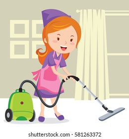 Young Girl Vacuuming Floor