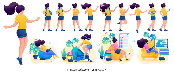 Young girl in various poses and actions, communication, work, training. 2D flat character vector illustration .