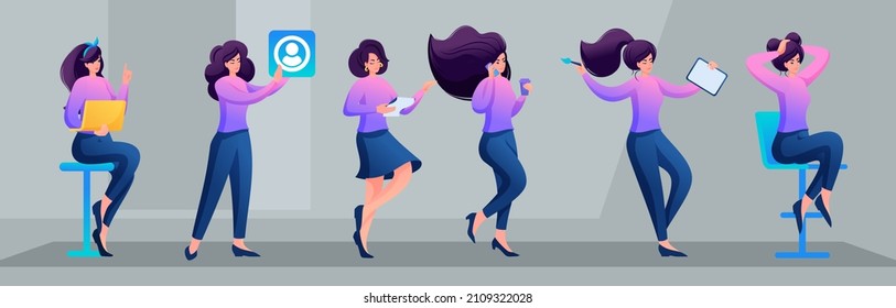 Young girl in various poses and actions, communication, work, training. 2D flat character vector illustration N1.
