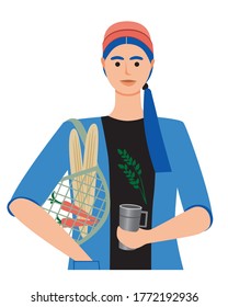 A young girl is a vegan with a grocery bag, baguette, carrot, thermos mug. Flat vector stock illustration isolated on white background. Zero waste, vegan, eco friendly lifestyle concept.