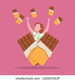 Young girl  is very happy because she gets gift many chocolate. Love in February. Simple vector Illustration.