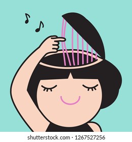 A Young Girl Vibrating Harp Strings In Her Head To Create Beautiful Visual Music. Concept Of Relaxing And Refreshing Brain And Mind Card Character illustration