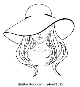 Young girl in a vintage hat with large fields and long hair. Line art.