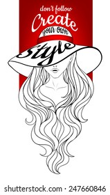 Young girl in a vintage hat with large fields and long hair. Don't follow, create your own style. Line art.