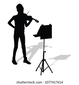 young girl violinist silhouette playing a violin over white background vector.